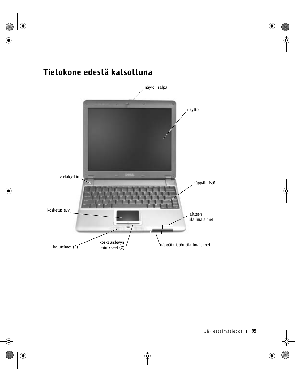 Tietokone edestä katsottuna | Dell Latitude X300 User Manual | Page 97 / 346