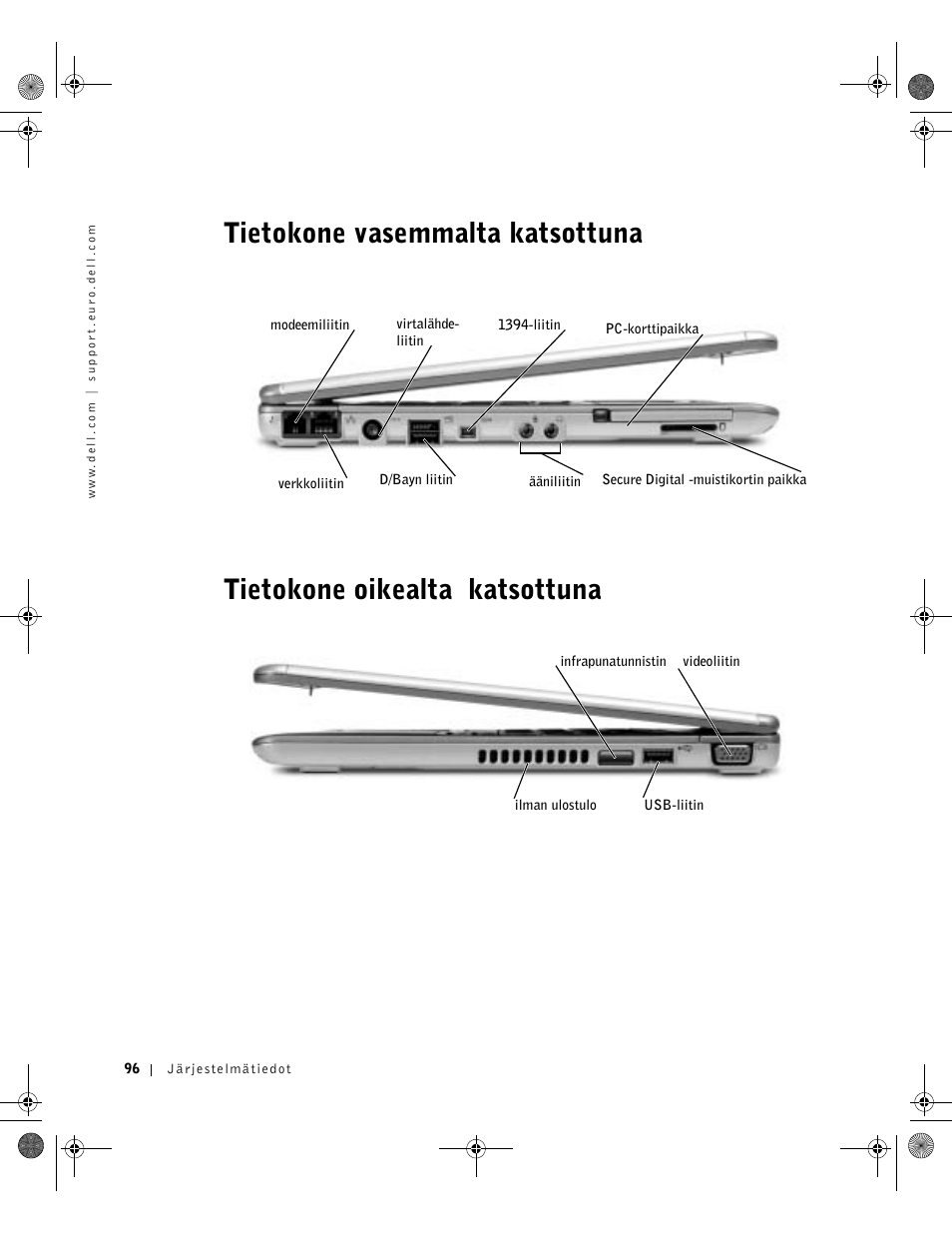 Tietokone vasemmalta katsottuna, Tietokone oikealta katsottuna | Dell Latitude X300 User Manual | Page 98 / 346
