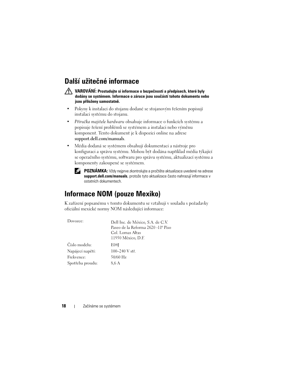 Další užitečné informace, Informace nom (pouze mexiko) | Dell PowerVault MD1220 User Manual | Page 20 / 122