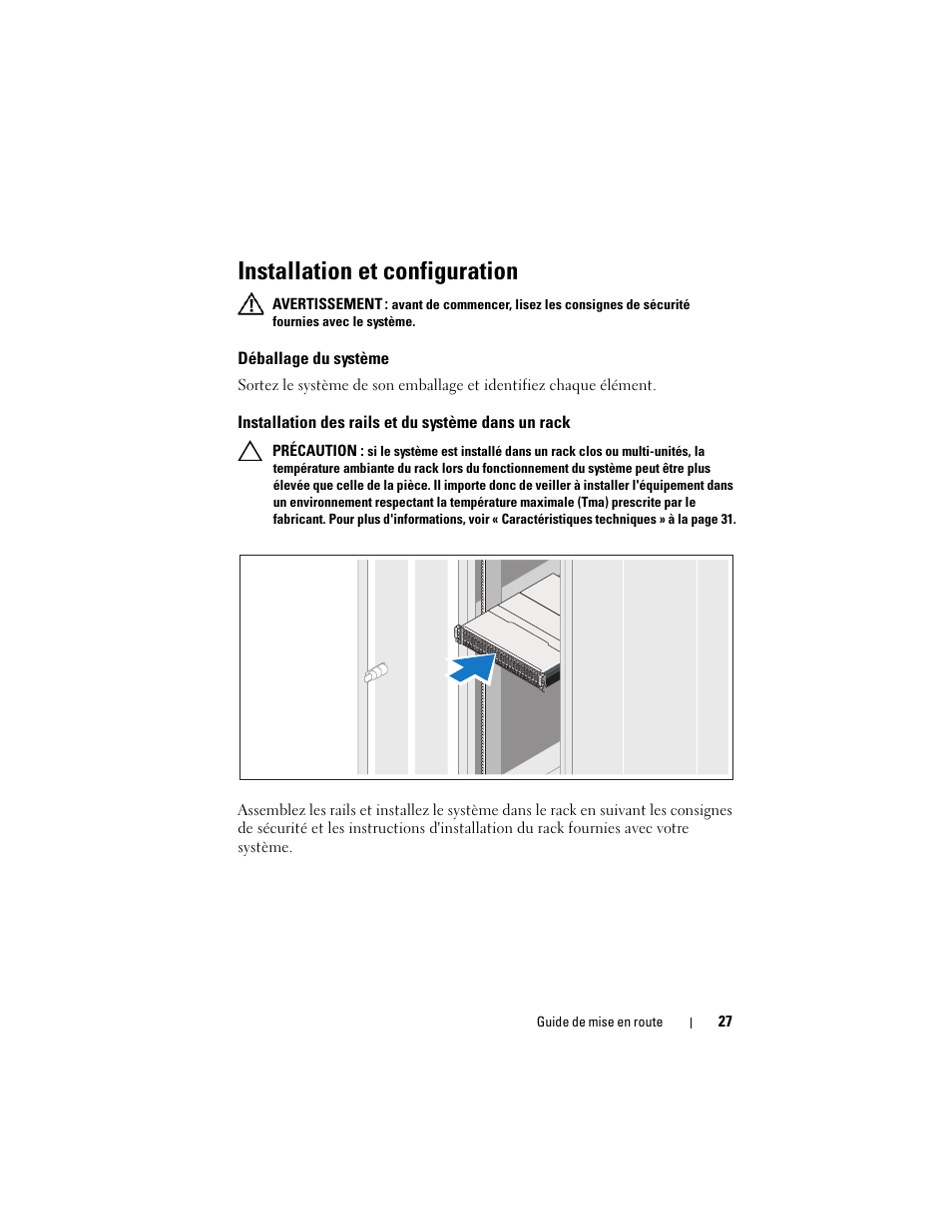 Installation et configuration, Déballage du système, Installation des rails et du système dans un rack | Dell PowerVault MD1220 User Manual | Page 29 / 122