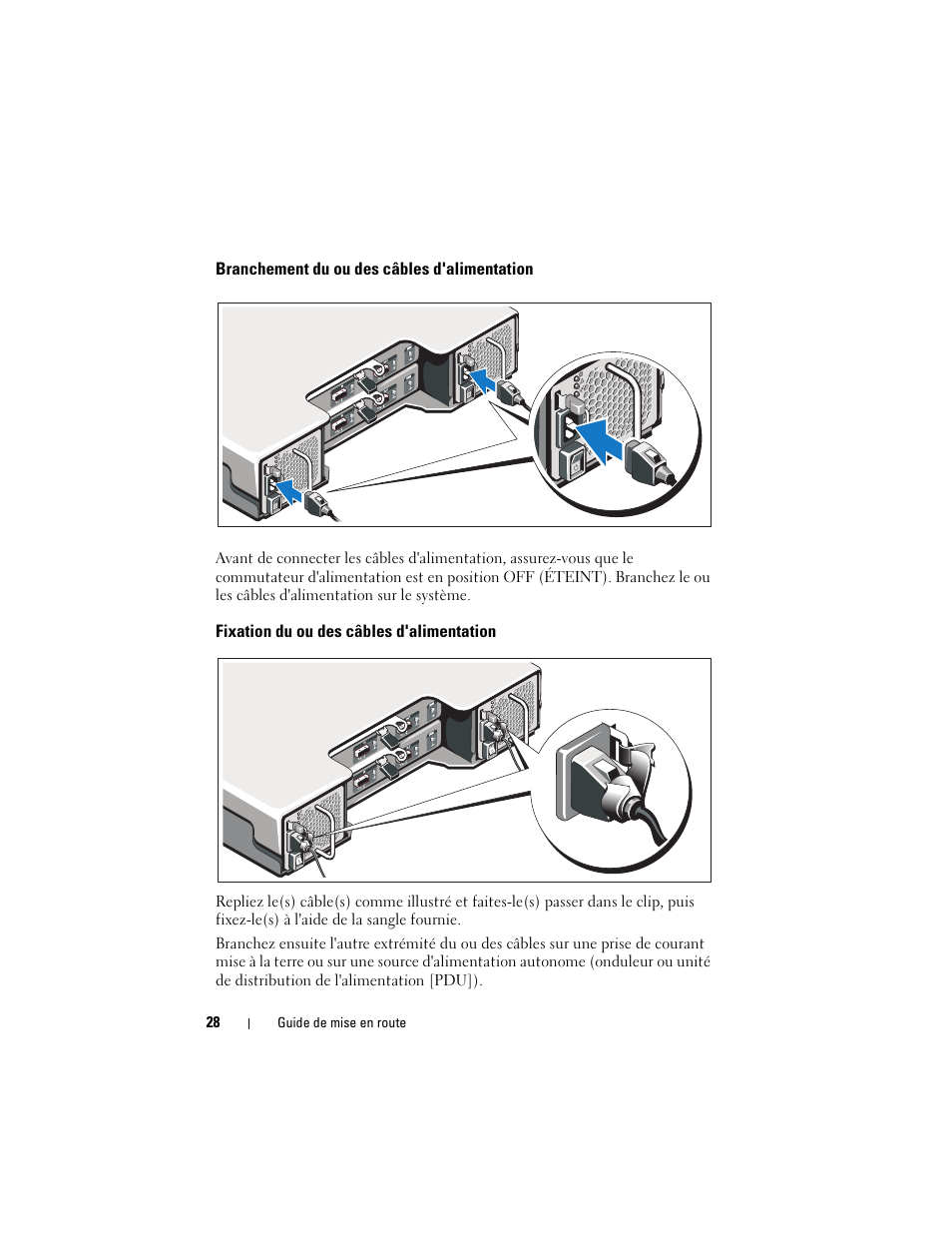 Branchement du ou des câbles d'alimentation, Fixation du ou des câbles d'alimentation | Dell PowerVault MD1220 User Manual | Page 30 / 122