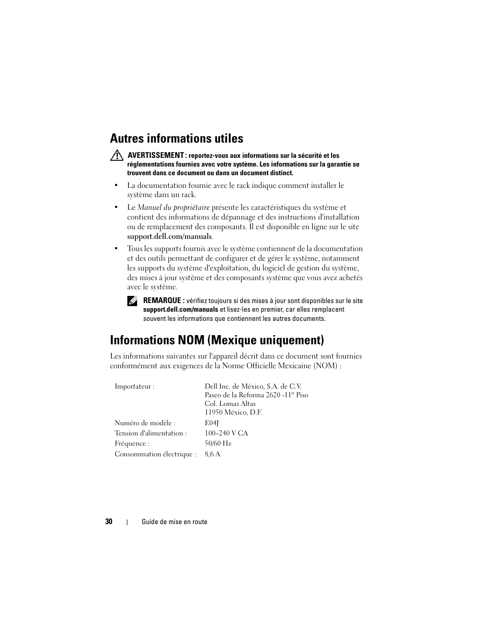 Autres informations utiles, Informations nom (mexique uniquement) | Dell PowerVault MD1220 User Manual | Page 32 / 122