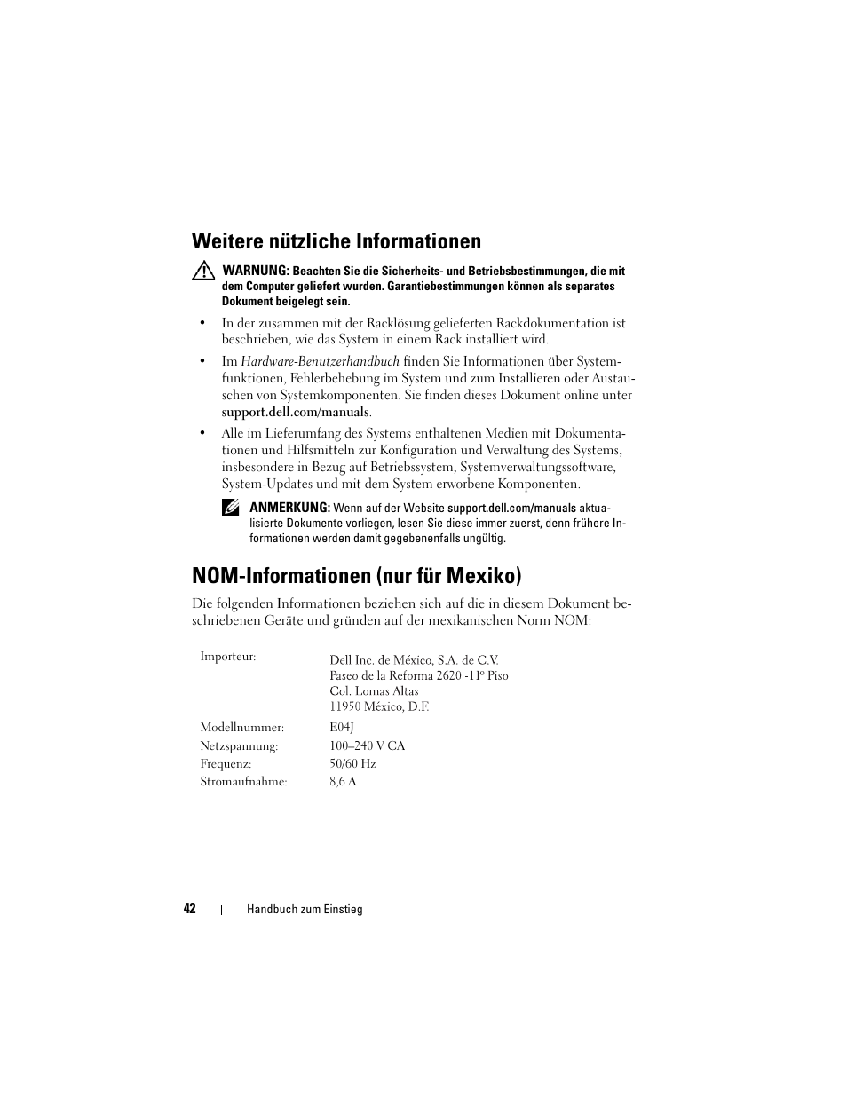 Weitere nützliche informationen, Nom-informationen (nur für mexiko) | Dell PowerVault MD1220 User Manual | Page 44 / 122