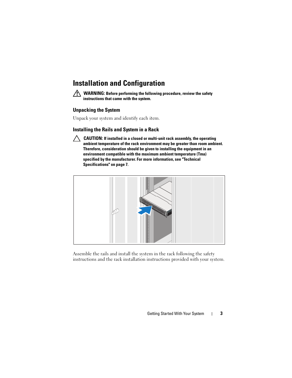 Installation and configuration, Unpacking the system, Installing the rails and system in a rack | Dell PowerVault MD1220 User Manual | Page 5 / 122