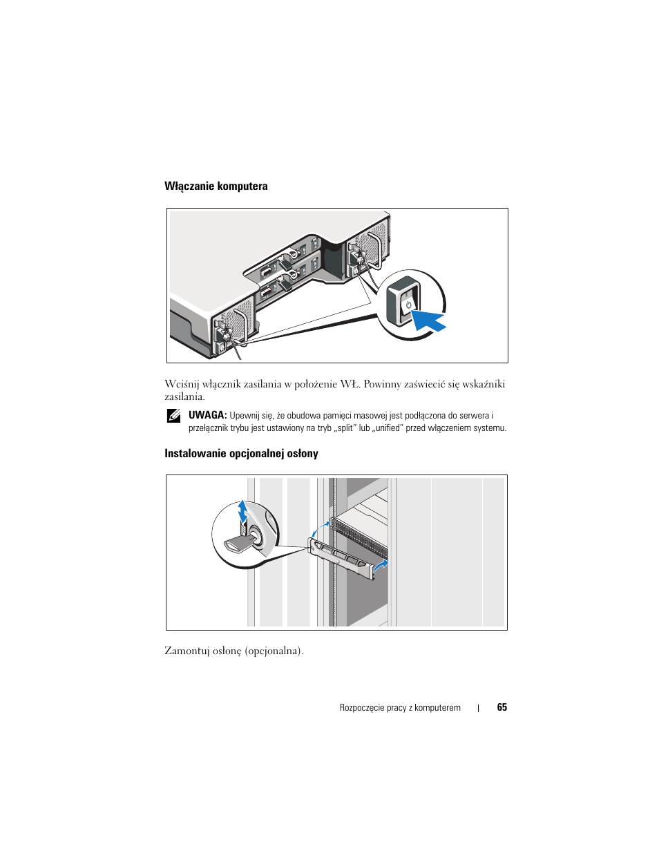 Włączanie komputera, Instalowanie opcjonalnej osłony | Dell PowerVault MD1220 User Manual | Page 67 / 122