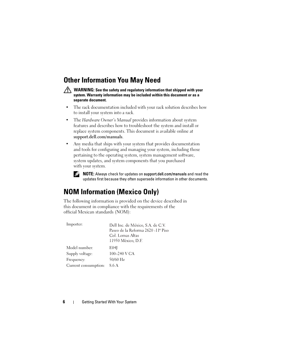 Other information you may need, Nom information (mexico only) | Dell PowerVault MD1220 User Manual | Page 8 / 122