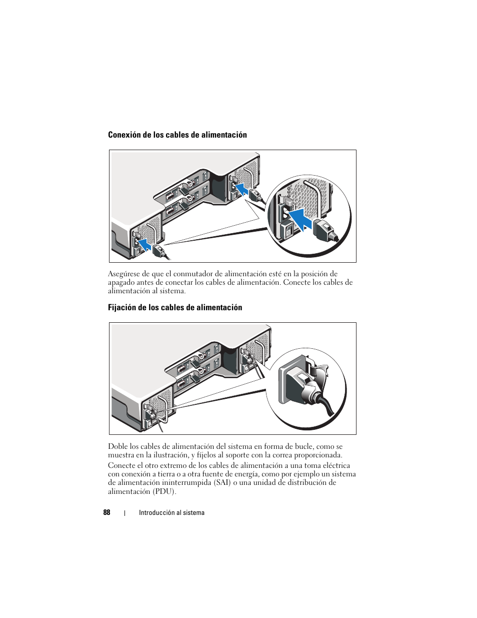 Conexión de los cables de alimentación, Fijación de los cables de alimentación | Dell PowerVault MD1220 User Manual | Page 90 / 122