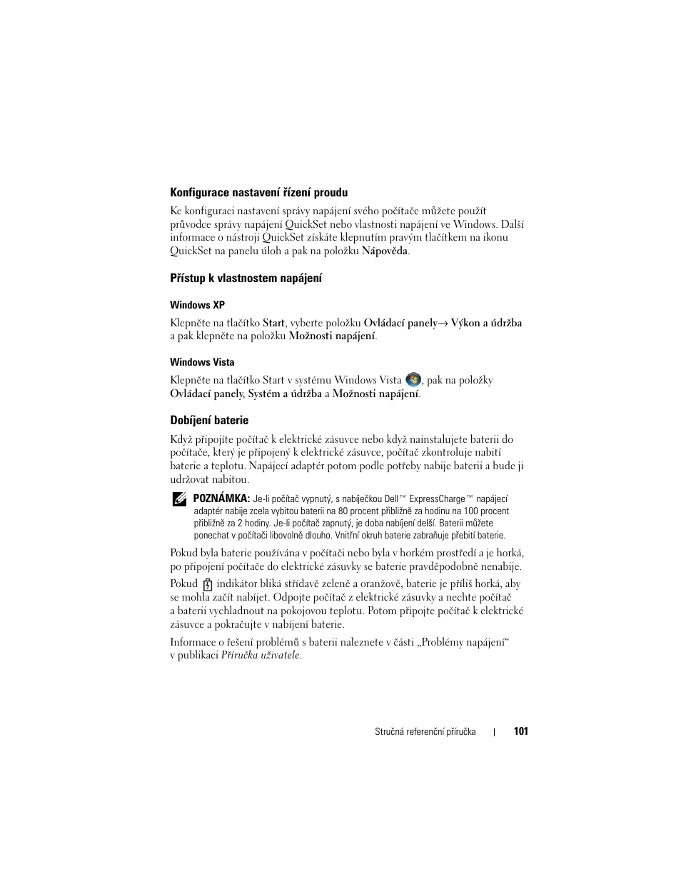 Konfigurace nastavení řízení proudu, Přístup k vlastnostem napájení, Dobíjení baterie | Dell Latitude D530 User Manual | Page 101 / 232