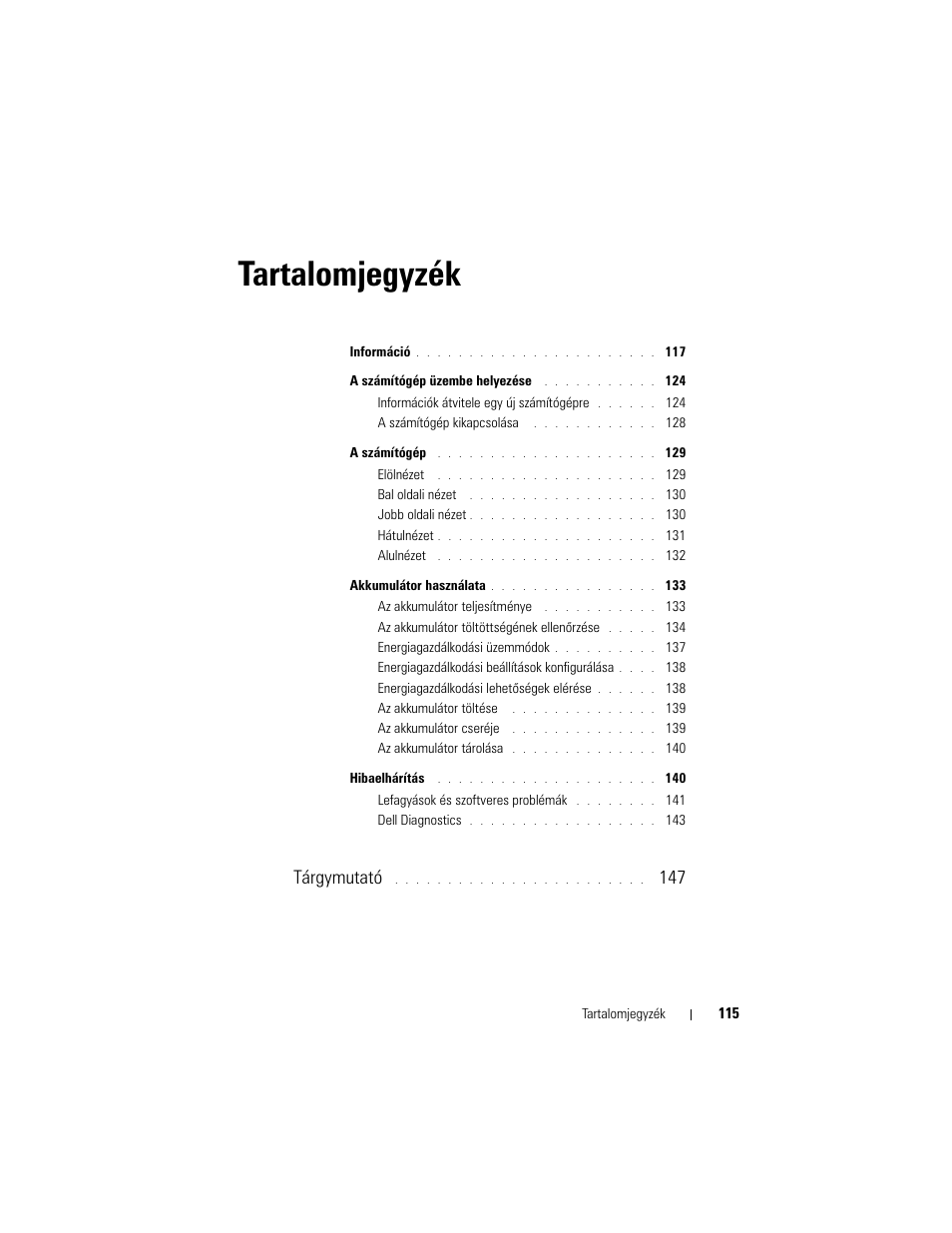 Tartalomjegyzék, Tárgymutató | Dell Latitude D530 User Manual | Page 115 / 232
