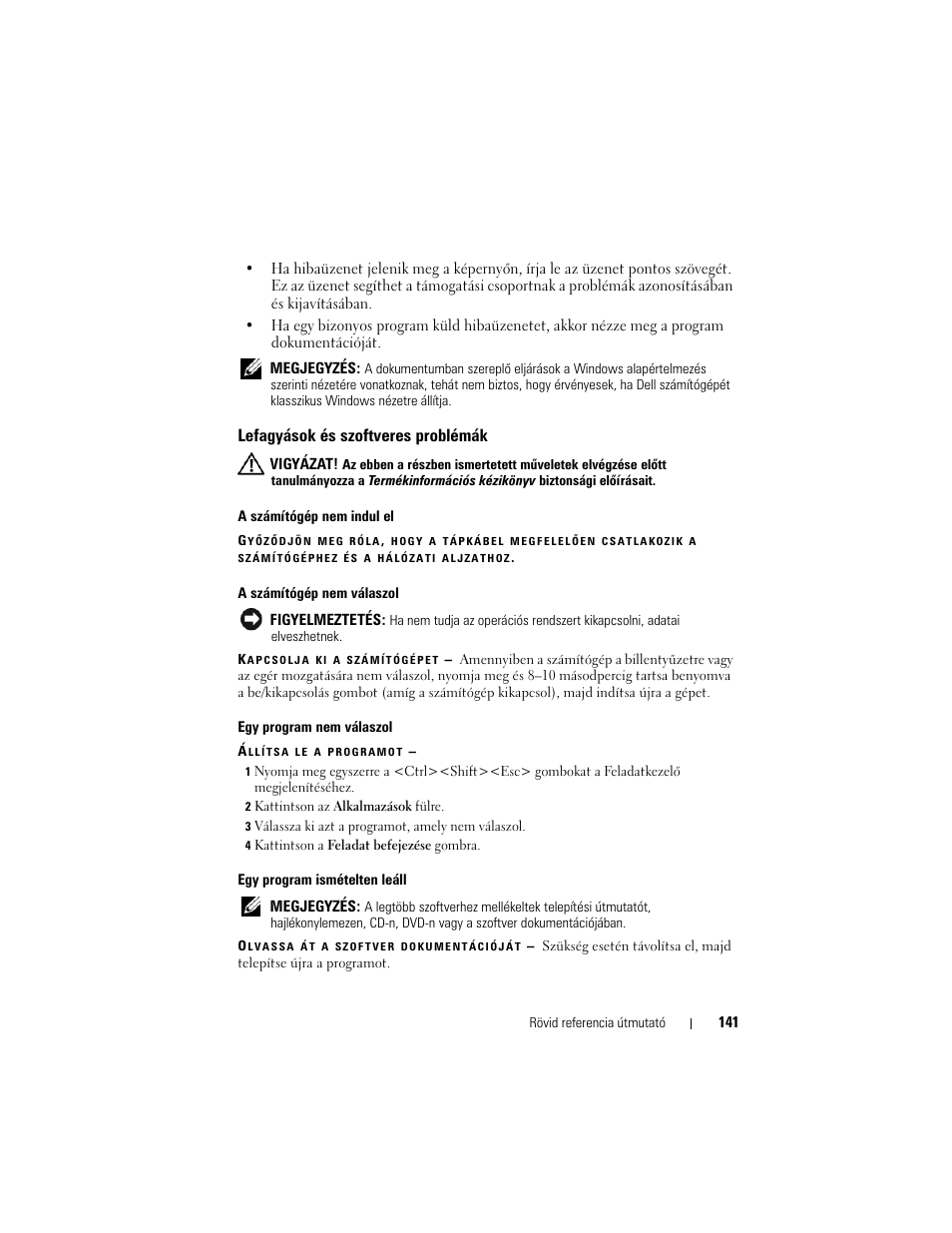 Lefagyások és szoftveres problémák | Dell Latitude D530 User Manual | Page 141 / 232