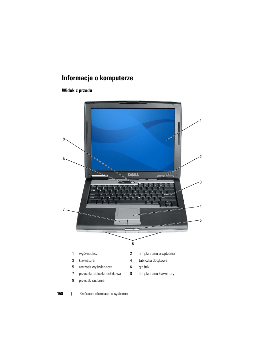 Informacje o komputerze, Widok z przodu | Dell Latitude D530 User Manual | Page 168 / 232