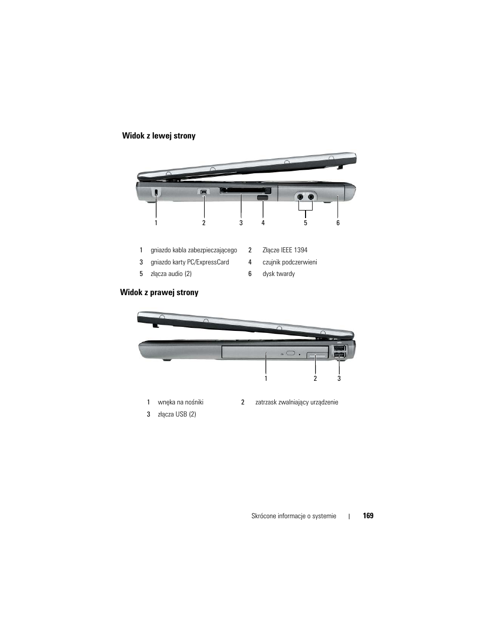 Widok z lewej strony, Widok z prawej strony | Dell Latitude D530 User Manual | Page 169 / 232