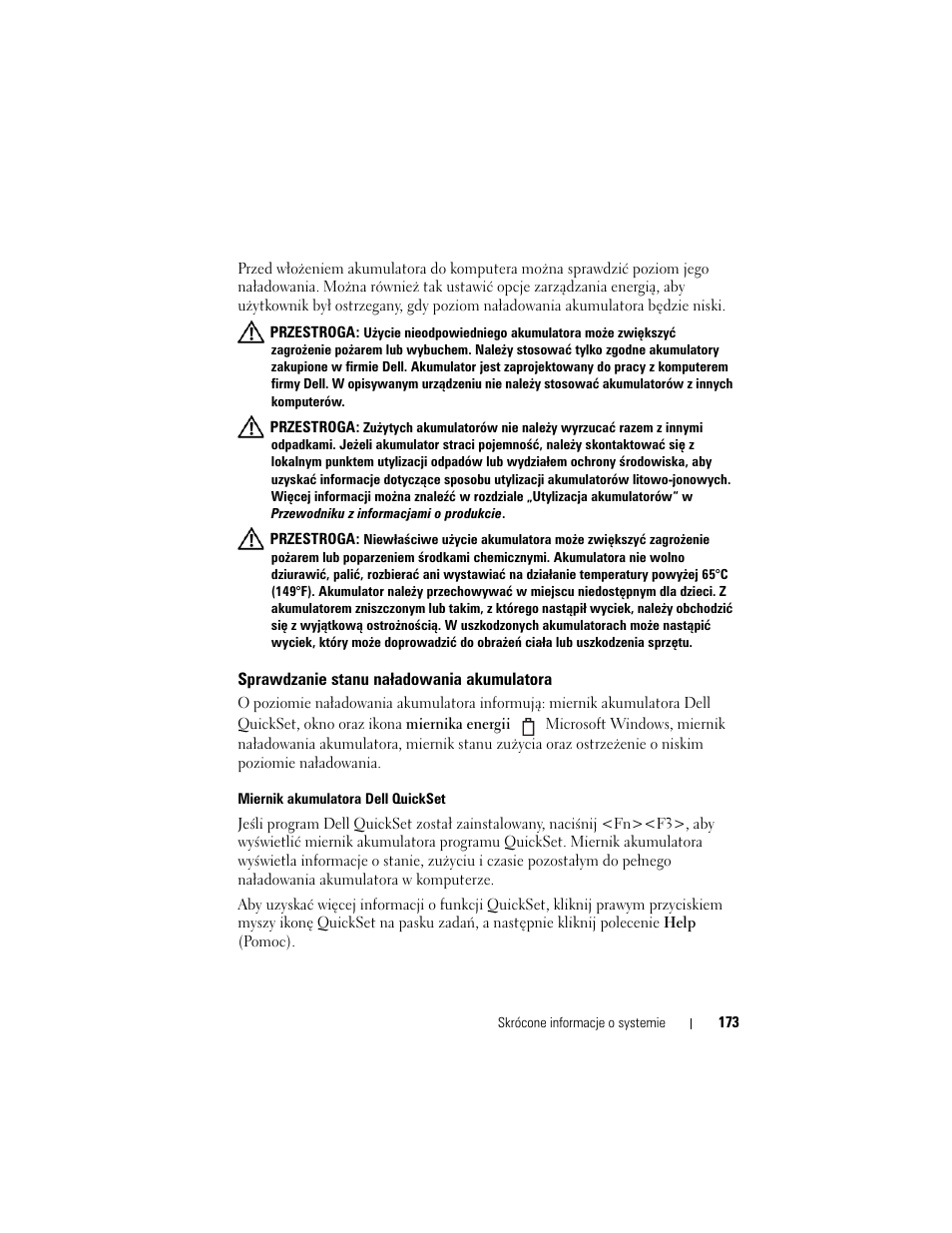 Sprawdzanie stanu naładowania akumulatora | Dell Latitude D530 User Manual | Page 173 / 232