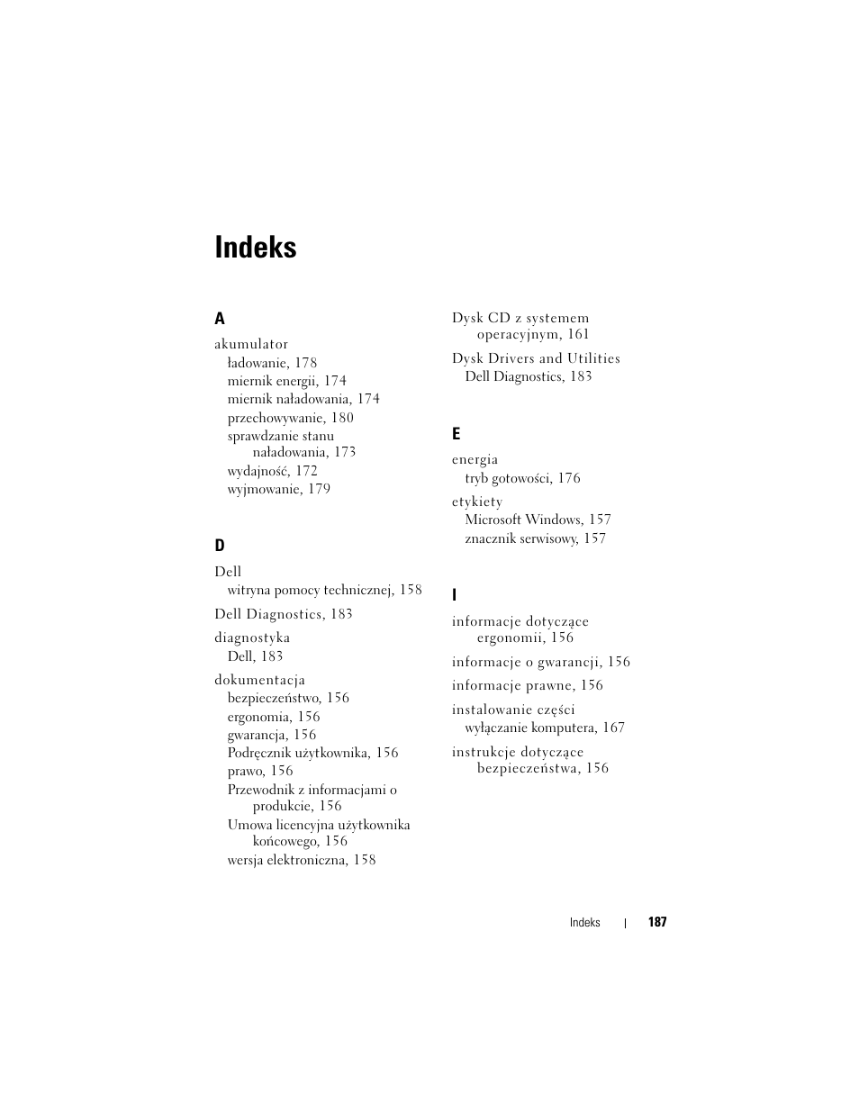 Indeks | Dell Latitude D530 User Manual | Page 187 / 232