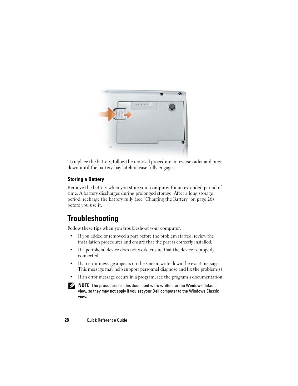 Storing a battery, Troubleshooting | Dell Latitude D530 User Manual | Page 28 / 232