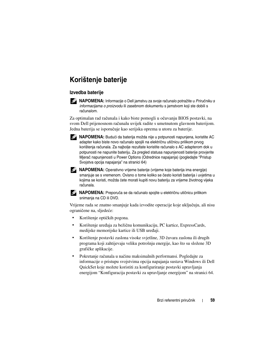 Korištenje baterije, Izvedba baterije | Dell Latitude D530 User Manual | Page 59 / 232