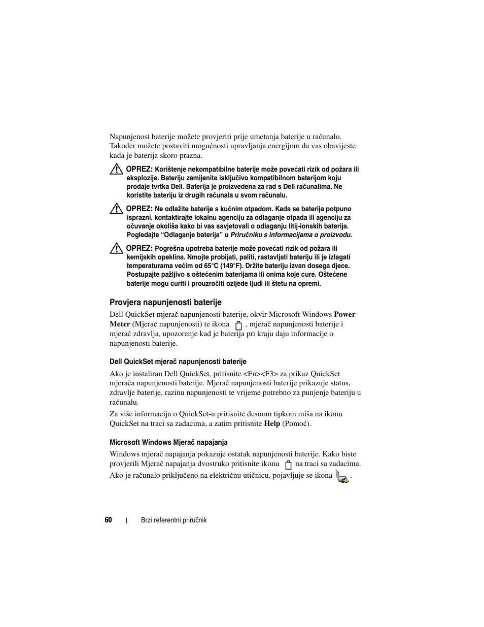 Provjera napunjenosti baterije | Dell Latitude D530 User Manual | Page 60 / 232