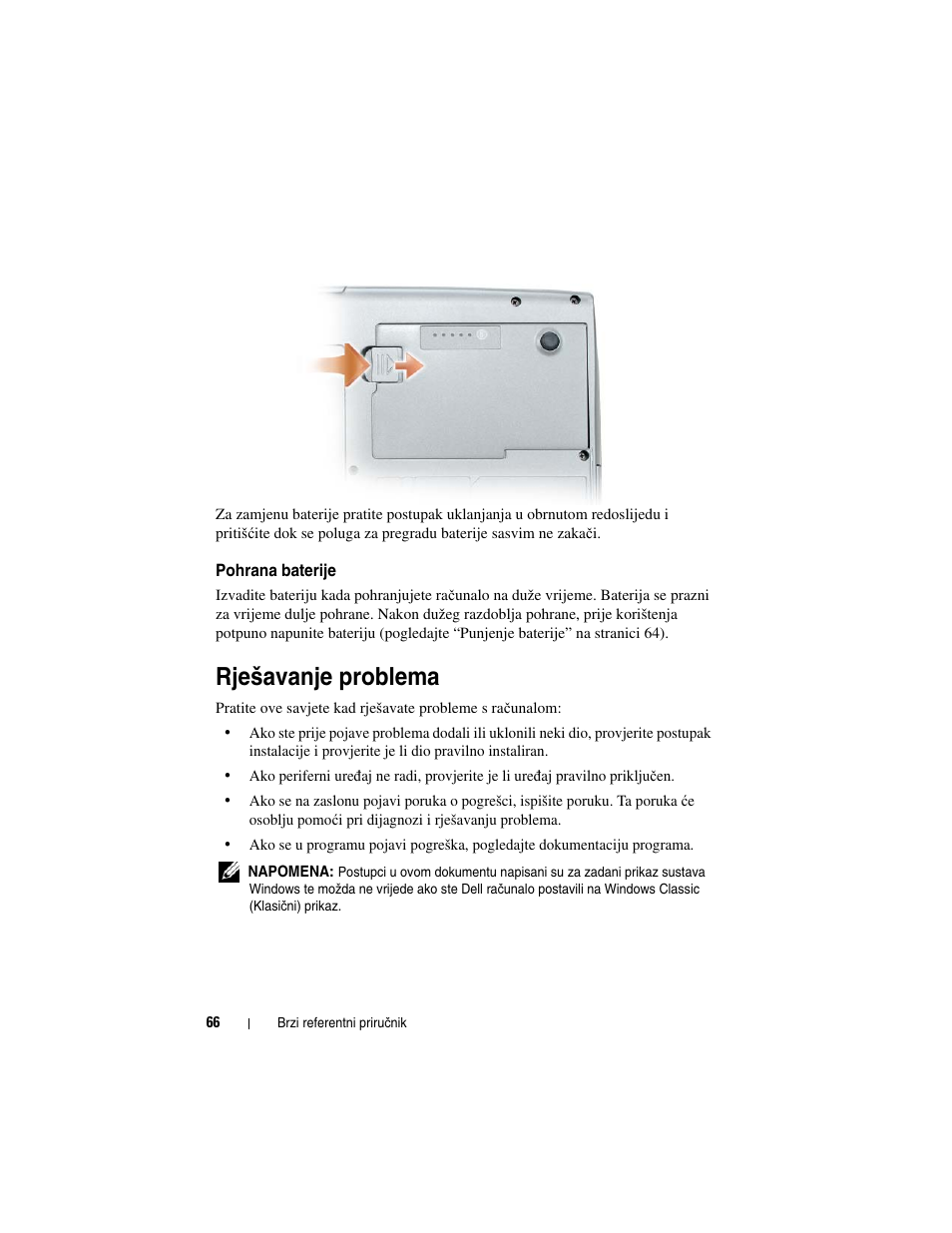 Pohrana baterije, Rješavanje problema | Dell Latitude D530 User Manual | Page 66 / 232