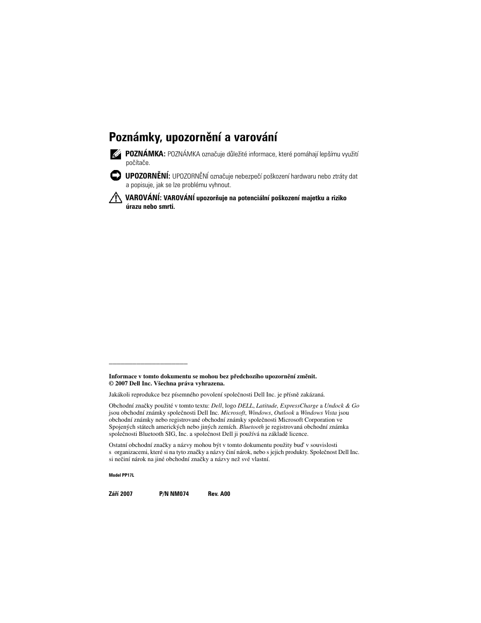 Poznámky, upozornění a varování | Dell Latitude D530 User Manual | Page 78 / 232