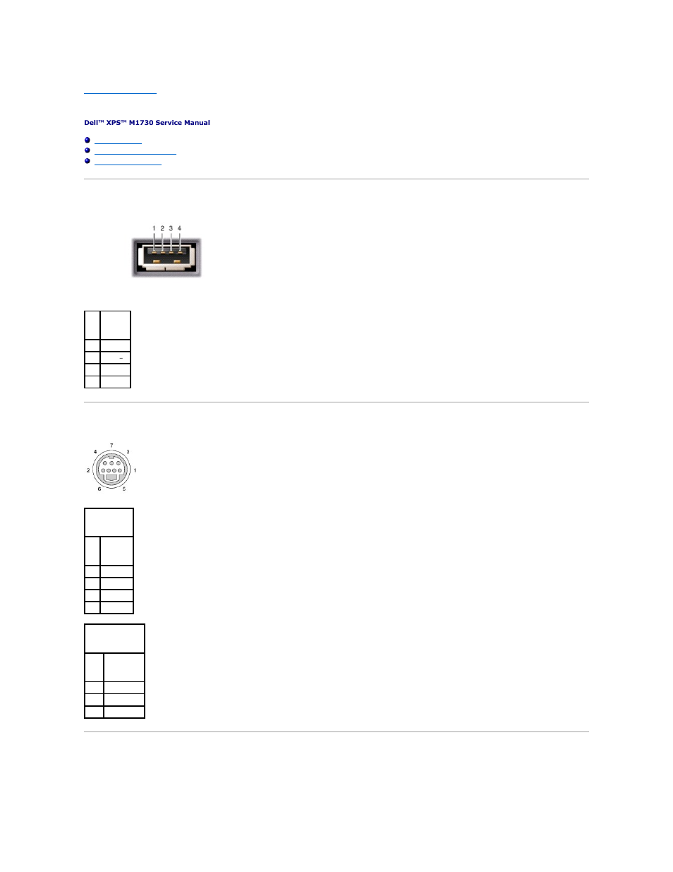 Pin assignments for i/o connectors, Usb connector, S-video tv-out connector | Ieee 1394 connector | Dell XPS M1730 User Manual | Page 37 / 45