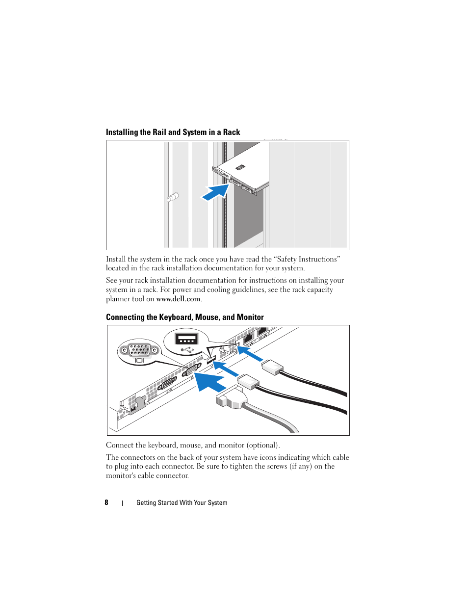 Installing the rail and system in a rack, Connecting the keyboard, mouse, and monitor | Dell POWEREDGE 300 User Manual | Page 10 / 138