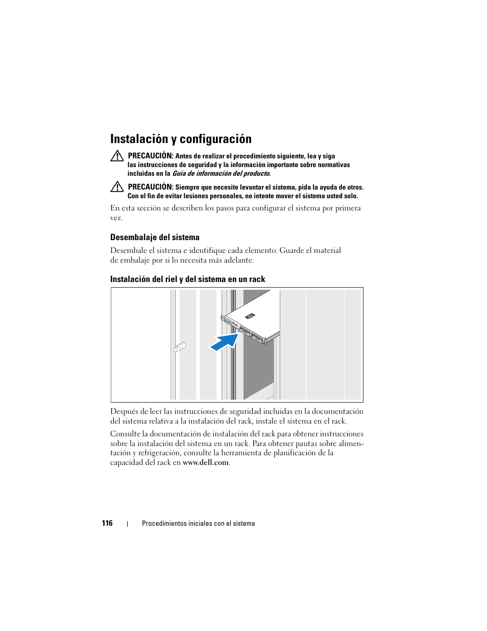 Instalación y configuración, Desembalaje del sistema, Instalación del riel y del sistema en un rack | Dell POWEREDGE 300 User Manual | Page 118 / 138