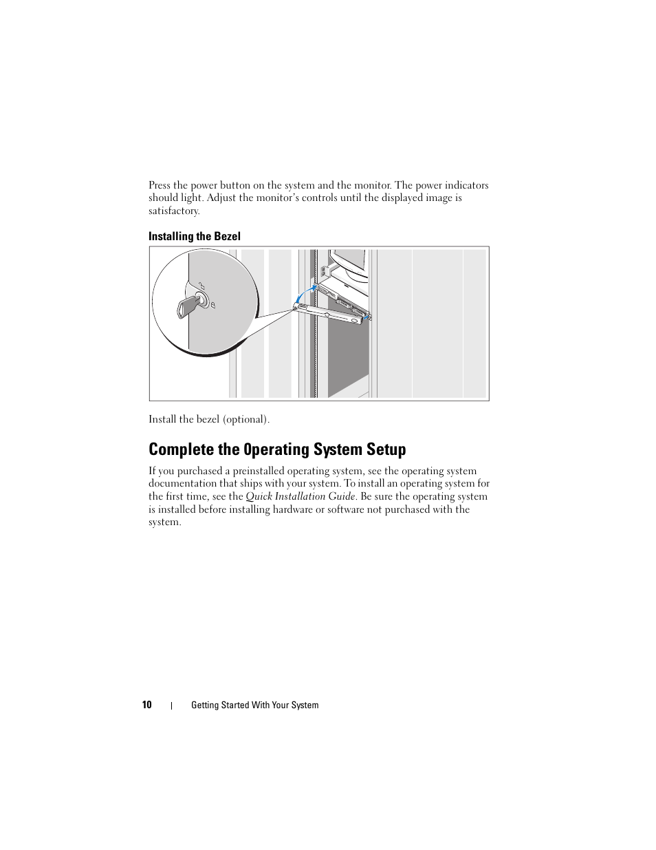 Installing the bezel, Complete the 0perating system setup | Dell POWEREDGE 300 User Manual | Page 12 / 138