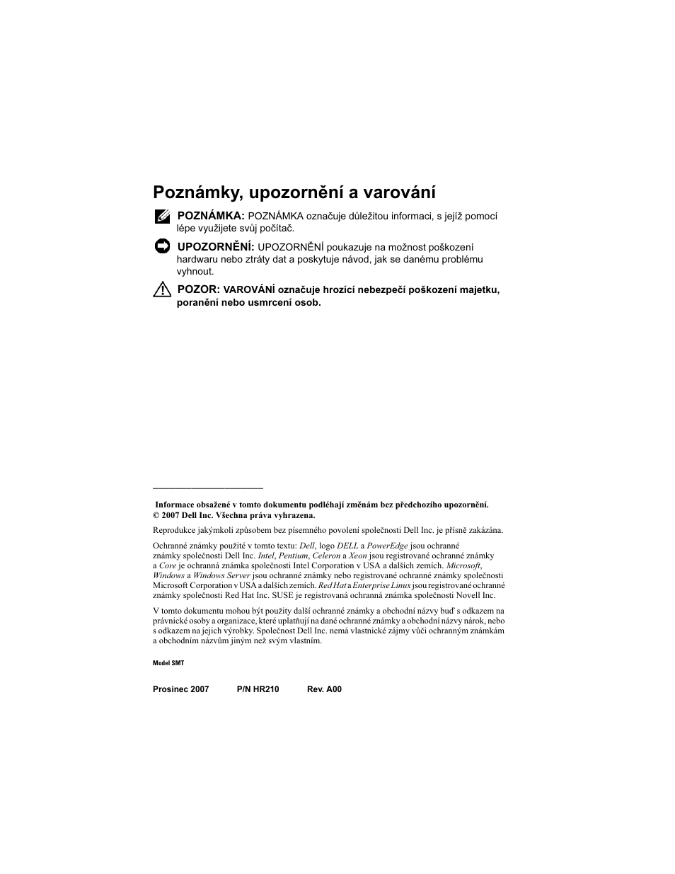 Poznámky, upozornění a varování | Dell POWEREDGE 300 User Manual | Page 18 / 138