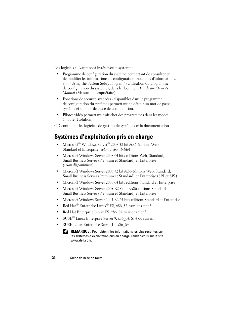 Systèmes d'exploitation pris en charge | Dell POWEREDGE 300 User Manual | Page 36 / 138