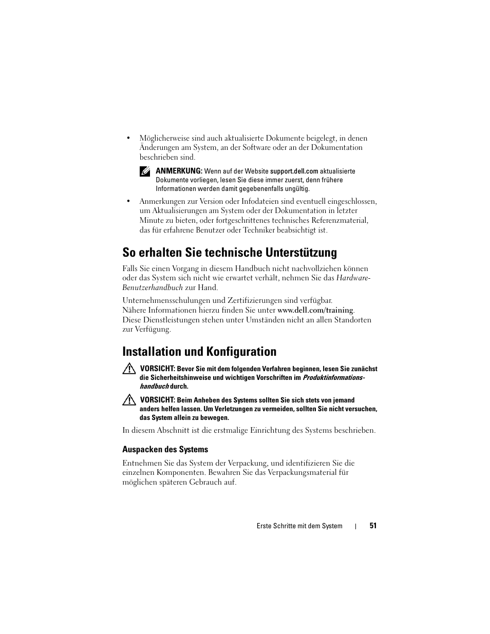 So erhalten sie technische unterstützung, Installation und konfiguration, Auspacken des systems | Dell POWEREDGE 300 User Manual | Page 53 / 138
