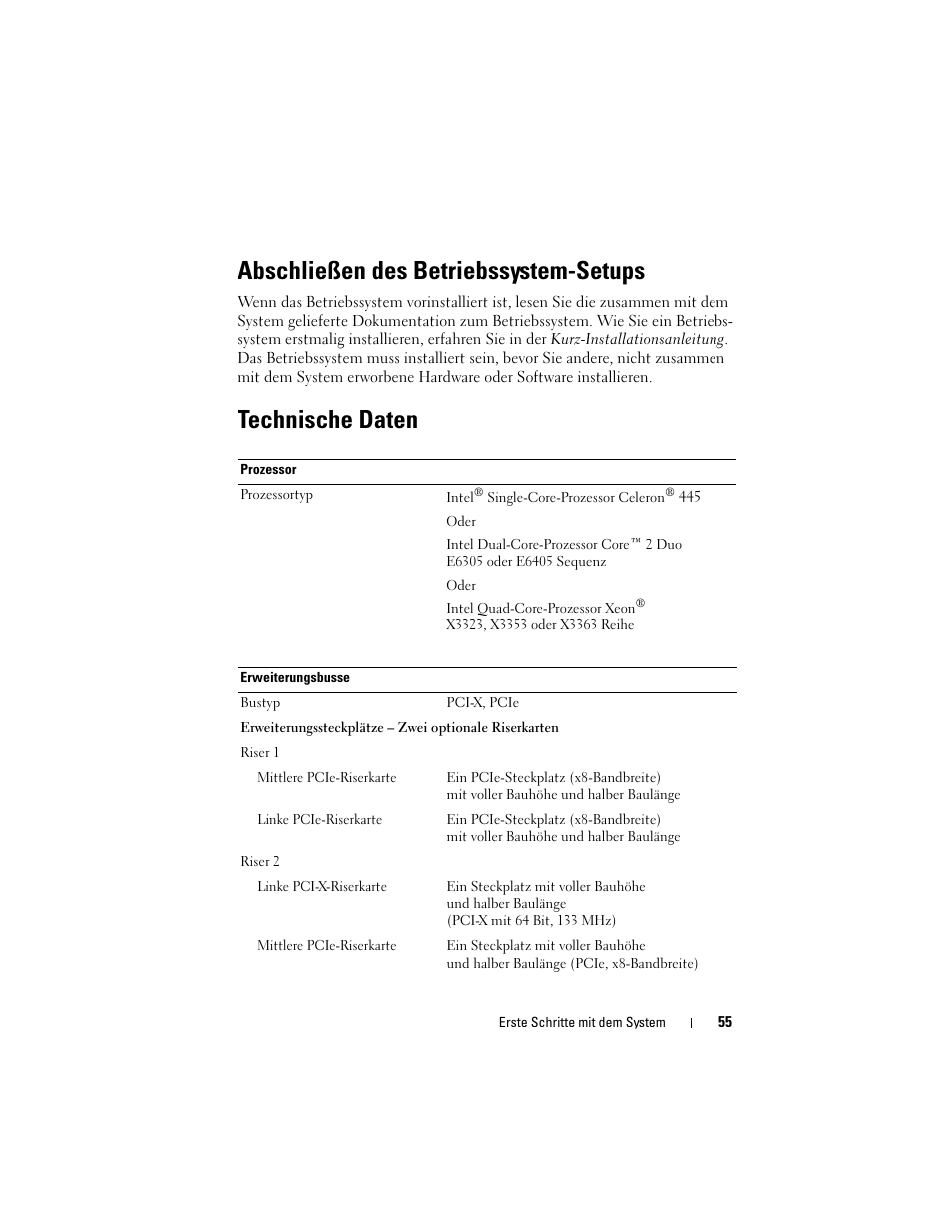 Abschließen des betriebssystem-setups, Technische daten | Dell POWEREDGE 300 User Manual | Page 57 / 138