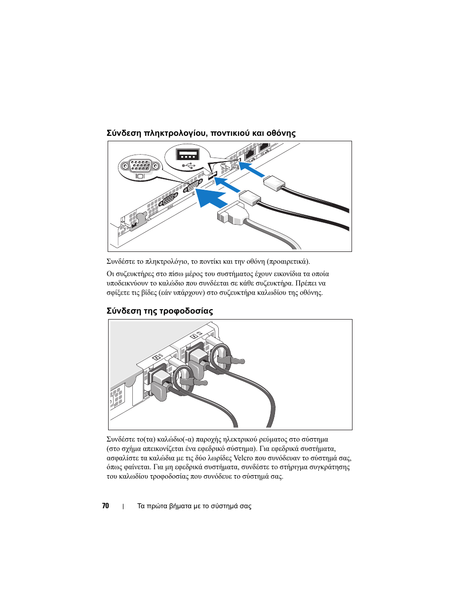 Σύνδεση πληκτρολογίου, ποντικιού και οθόνης, Σύνδεση της τροφοδοσίας | Dell POWEREDGE 300 User Manual | Page 72 / 138