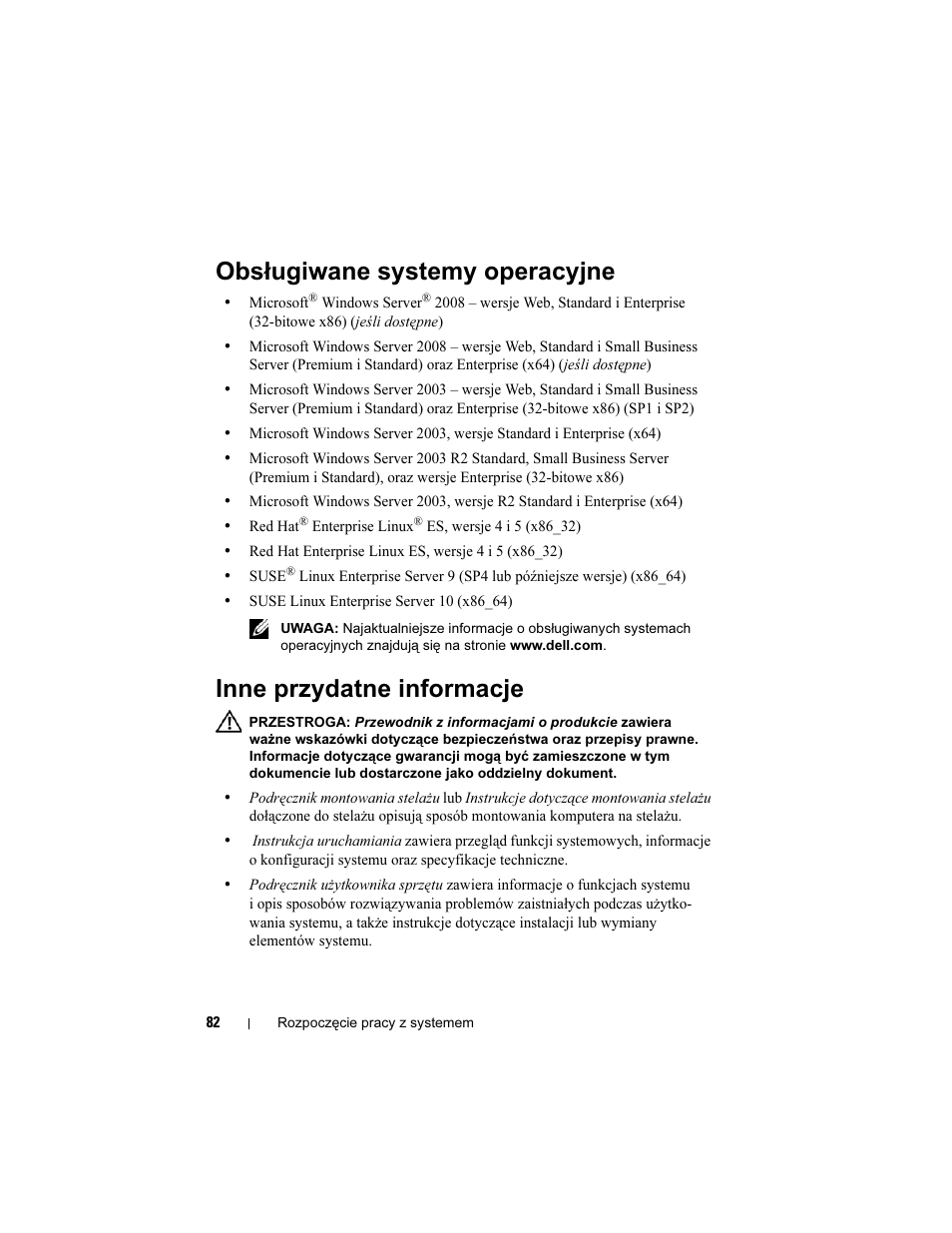 Obsługiwane systemy operacyjne, Inne przydatne informacje | Dell POWEREDGE 300 User Manual | Page 84 / 138