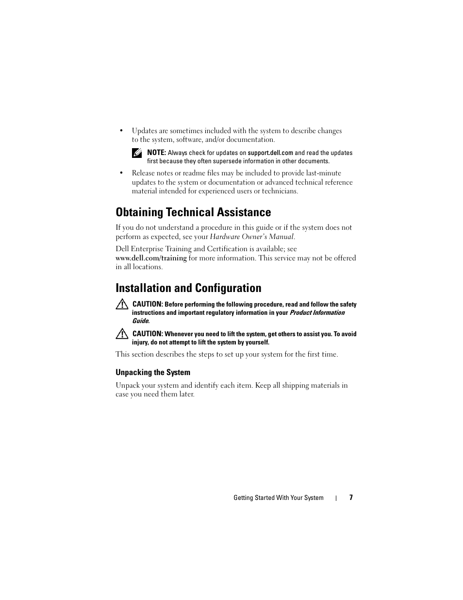 Obtaining technical assistance, Installation and configuration, Unpacking the system | Dell POWEREDGE 300 User Manual | Page 9 / 138