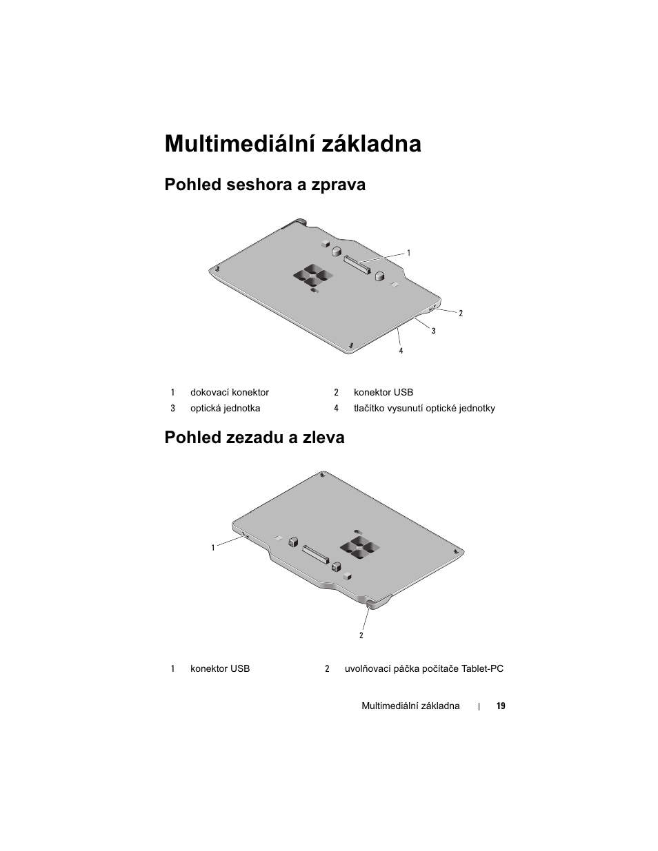 Multimediální základna, Pohled seshora a zprava pohled zezadu a zleva | Dell Latitude XT3 User Manual | Page 21 / 108