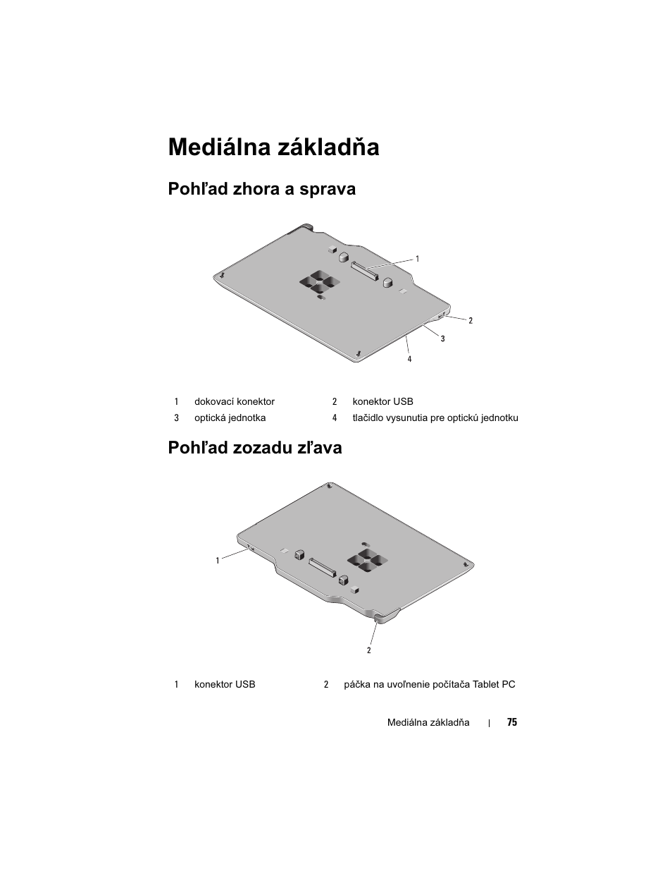 Mediálna základňa, Pohľad zhora a sprava pohľad zozadu zľava | Dell Latitude XT3 User Manual | Page 77 / 108