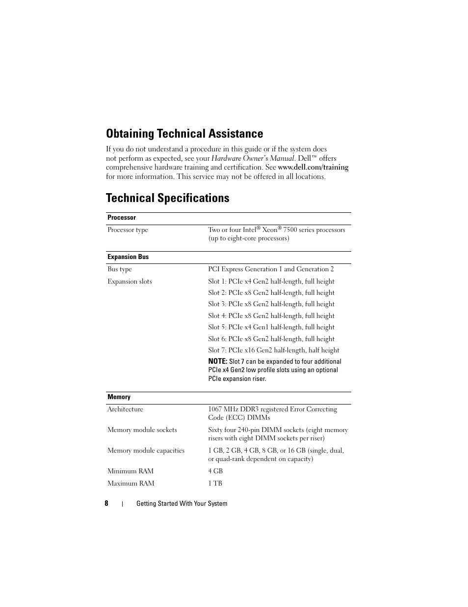 Obtaining technical assistance, Technical specifications | Dell PowerEdge R910 User Manual | Page 10 / 122