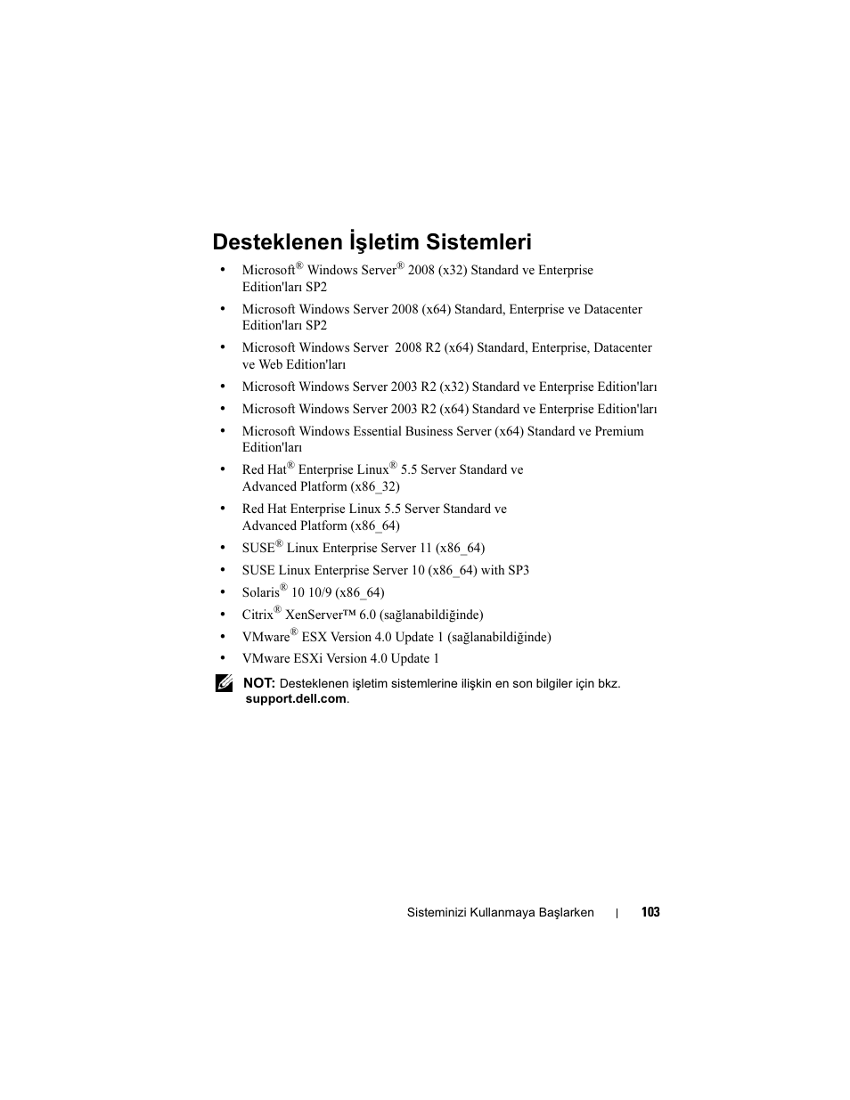 Desteklenen işletim sistemleri | Dell PowerEdge R910 User Manual | Page 105 / 122