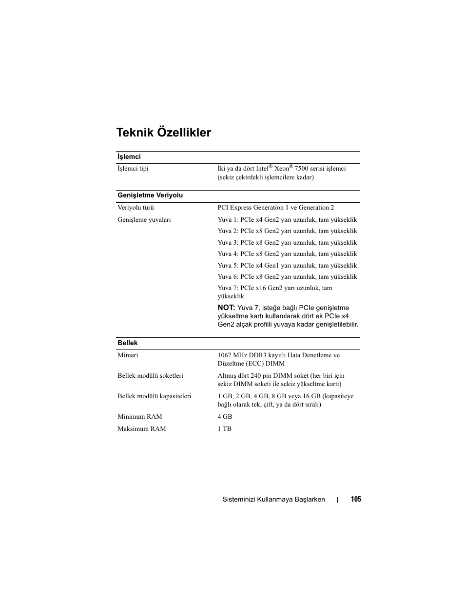 Teknik özellikler | Dell PowerEdge R910 User Manual | Page 107 / 122