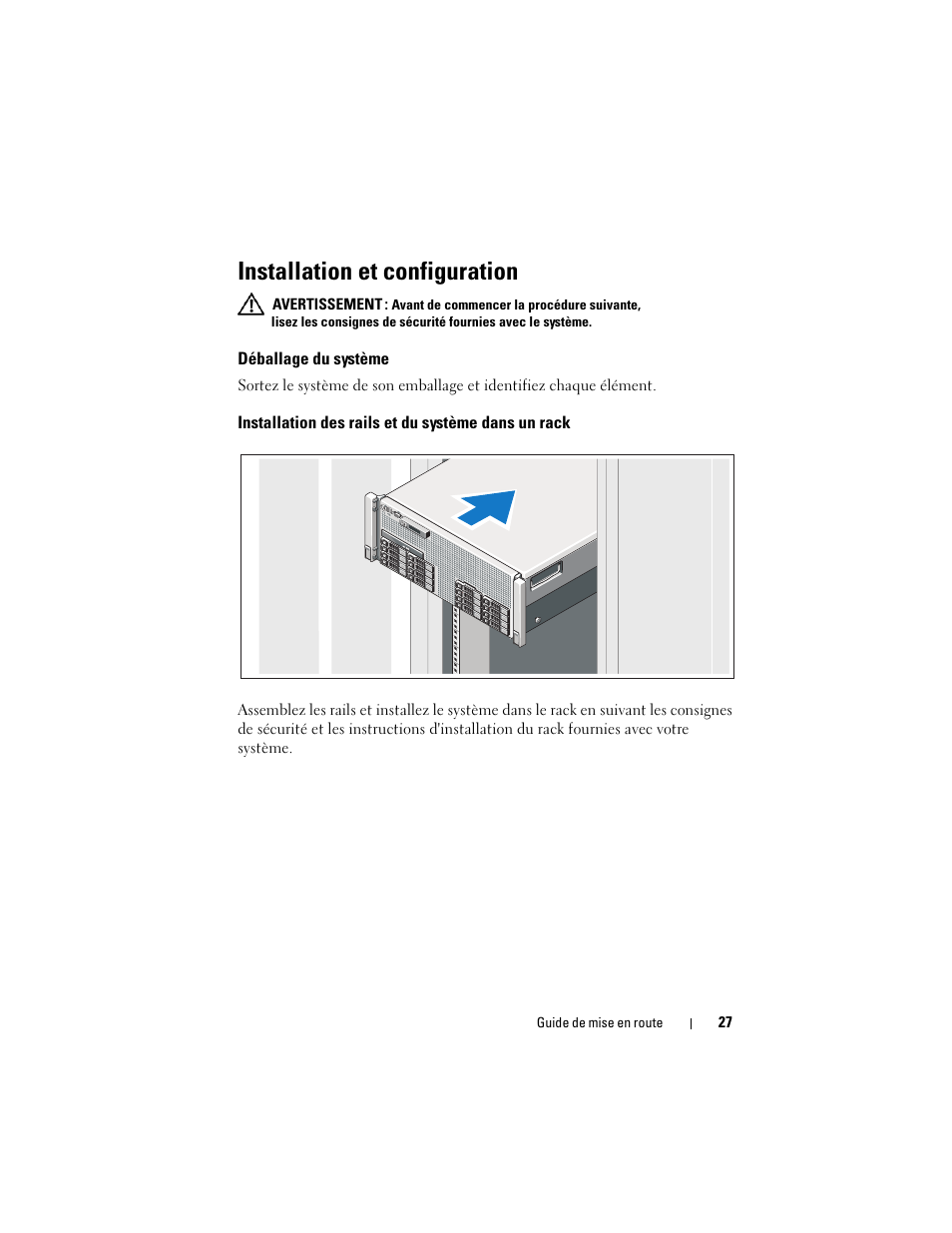 Installation et configuration, Déballage du système, Installation des rails et du système dans un rack | Dell PowerEdge R910 User Manual | Page 29 / 122
