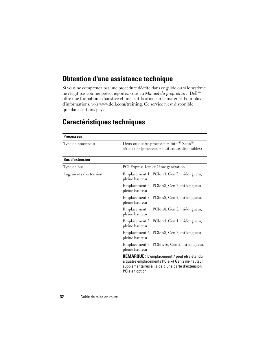 Obtention d'une assistance technique, Caractéristiques techniques | Dell PowerEdge R910 User Manual | Page 34 / 122