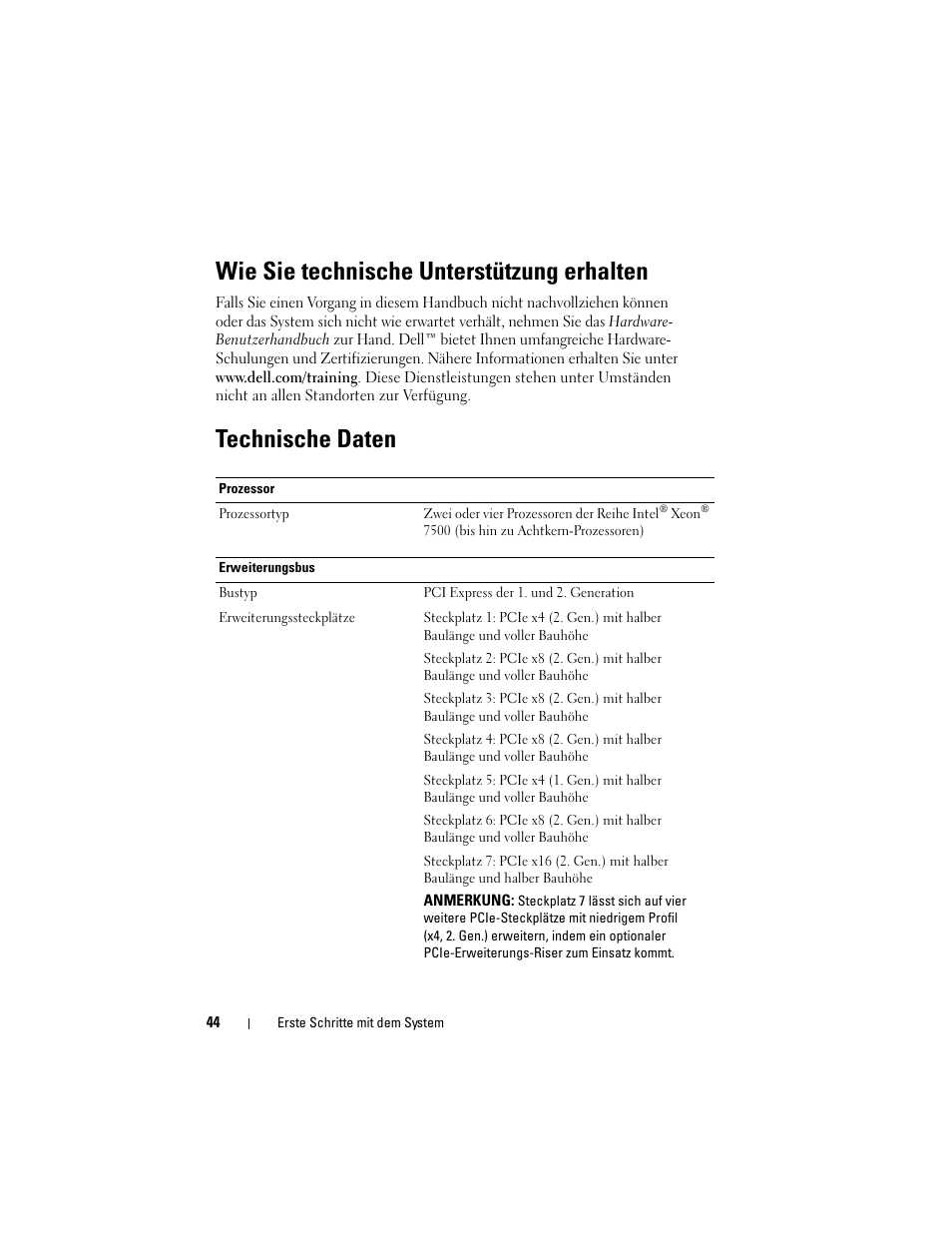 Wie sie technische unterstützung erhalten, Technische daten | Dell PowerEdge R910 User Manual | Page 46 / 122