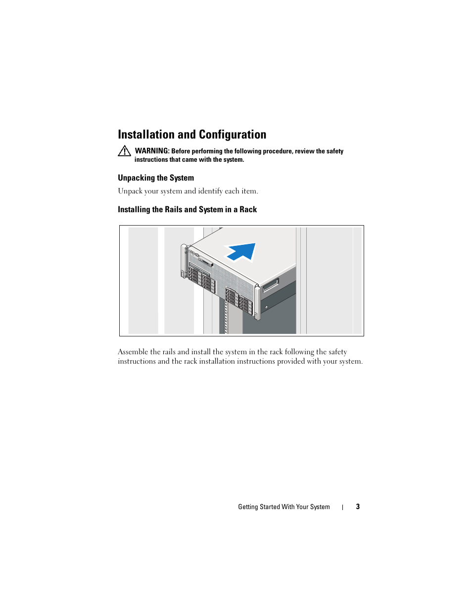 Installation and configuration, Unpacking the system, Installing the rails and system in a rack | Dell PowerEdge R910 User Manual | Page 5 / 122