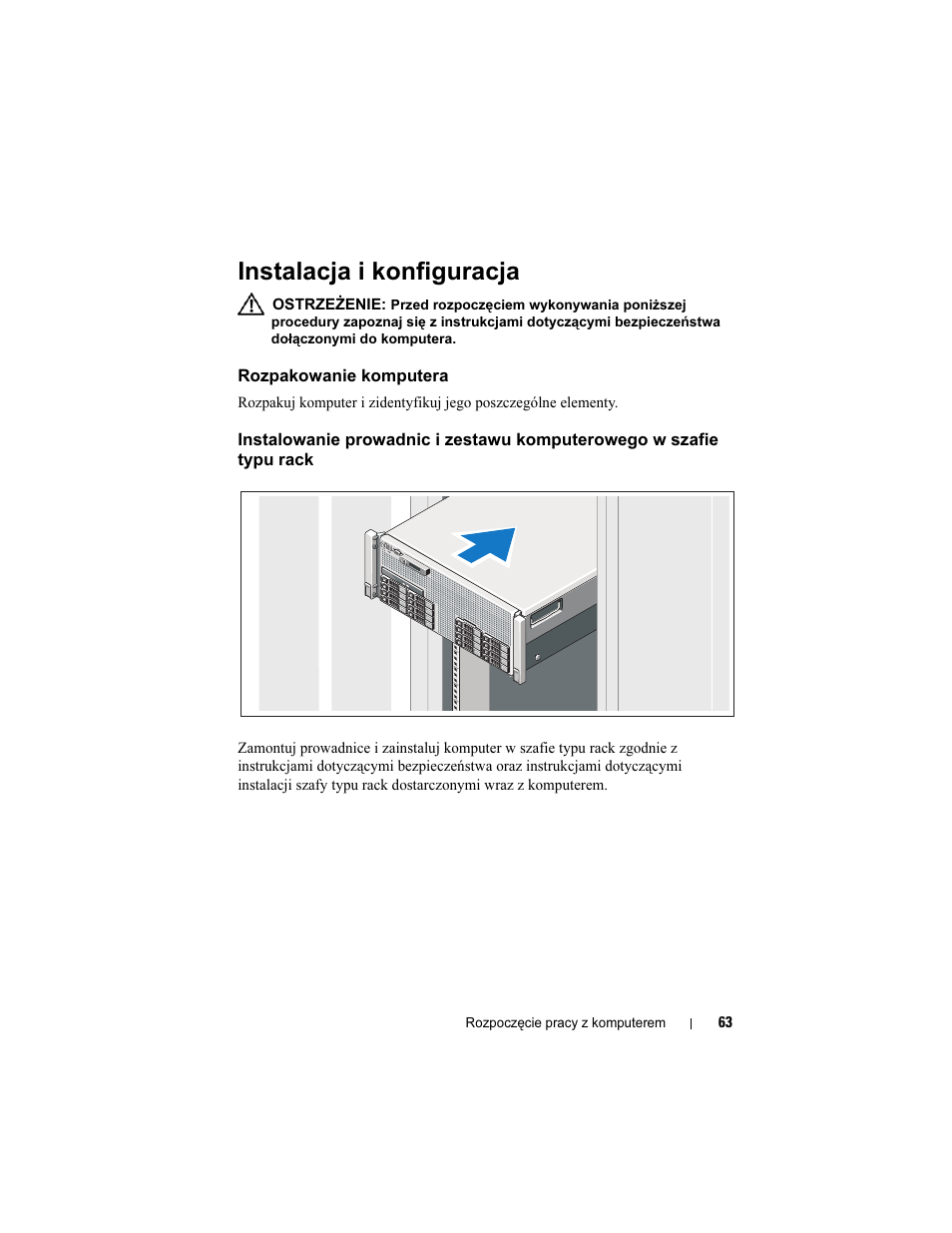 Instalacja i konfiguracja, Rozpakowanie komputera | Dell PowerEdge R910 User Manual | Page 65 / 122