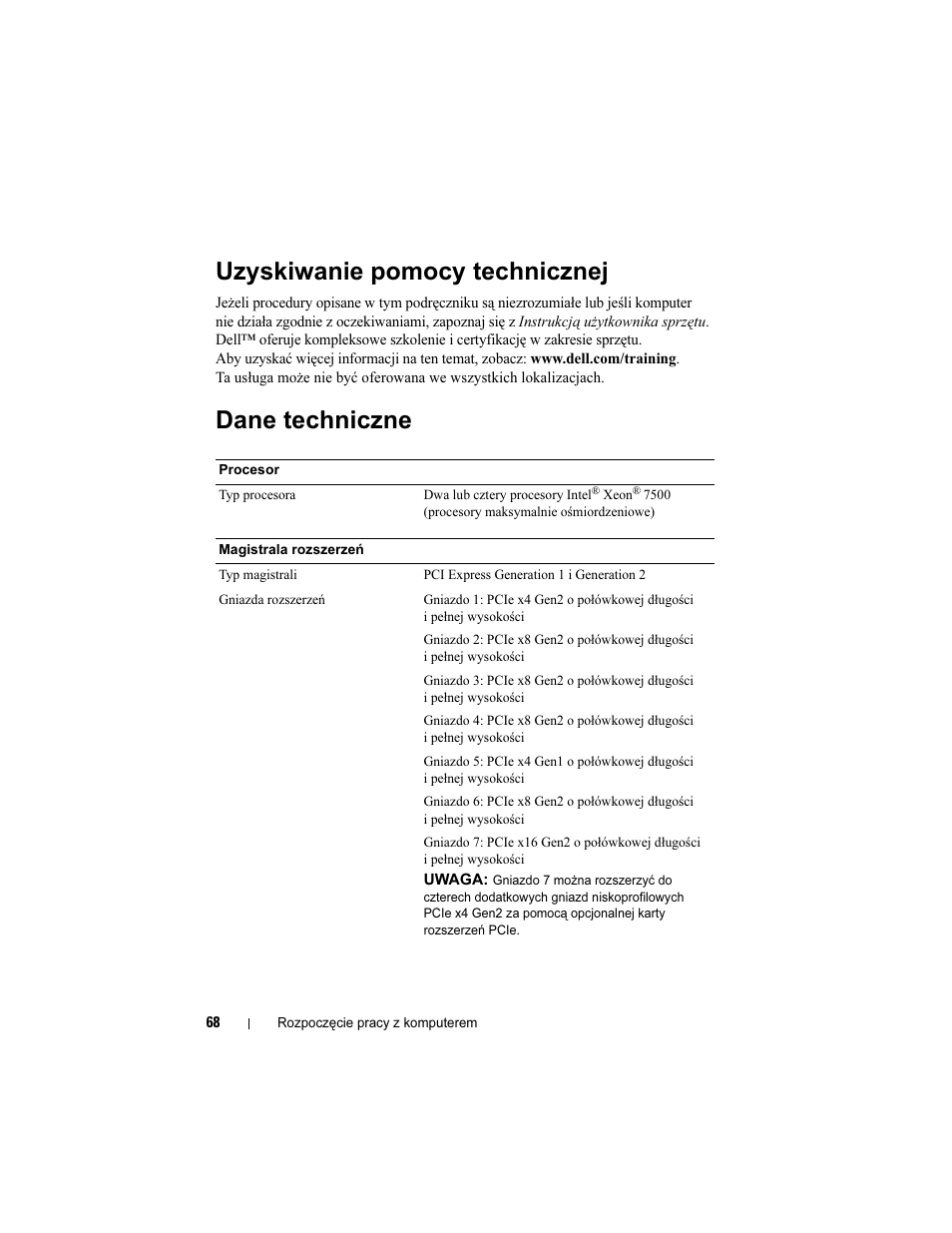 Uzyskiwanie pomocy technicznej, Dane techniczne | Dell PowerEdge R910 User Manual | Page 70 / 122