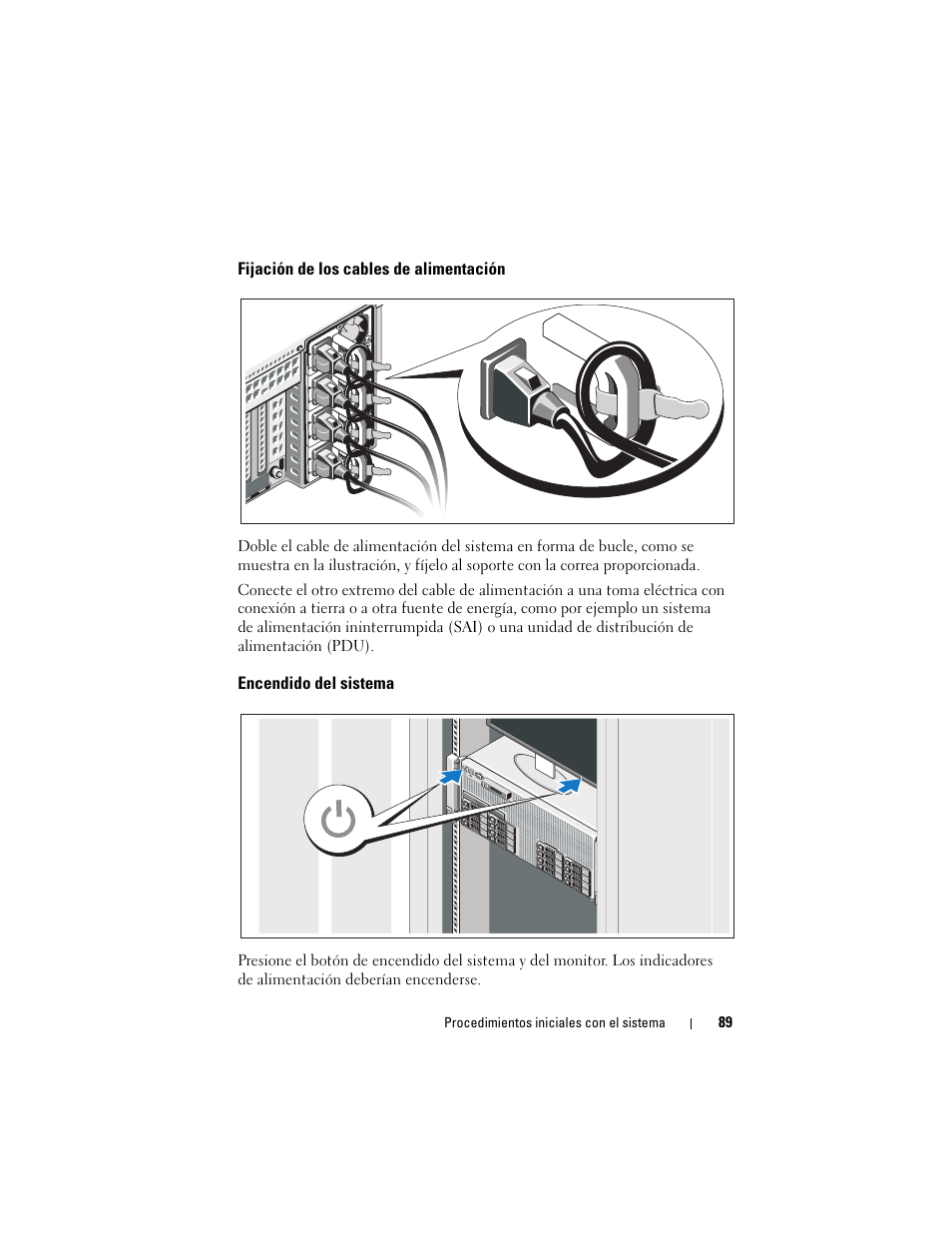 Fijación de los cables de alimentación, Encendido del sistema | Dell PowerEdge R910 User Manual | Page 91 / 122