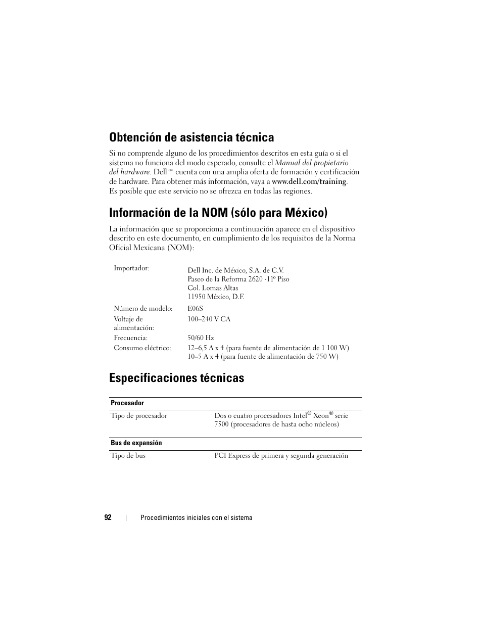 Obtención de asistencia técnica, Información de la nom (sólo para méxico), Especificaciones técnicas | Dell PowerEdge R910 User Manual | Page 94 / 122