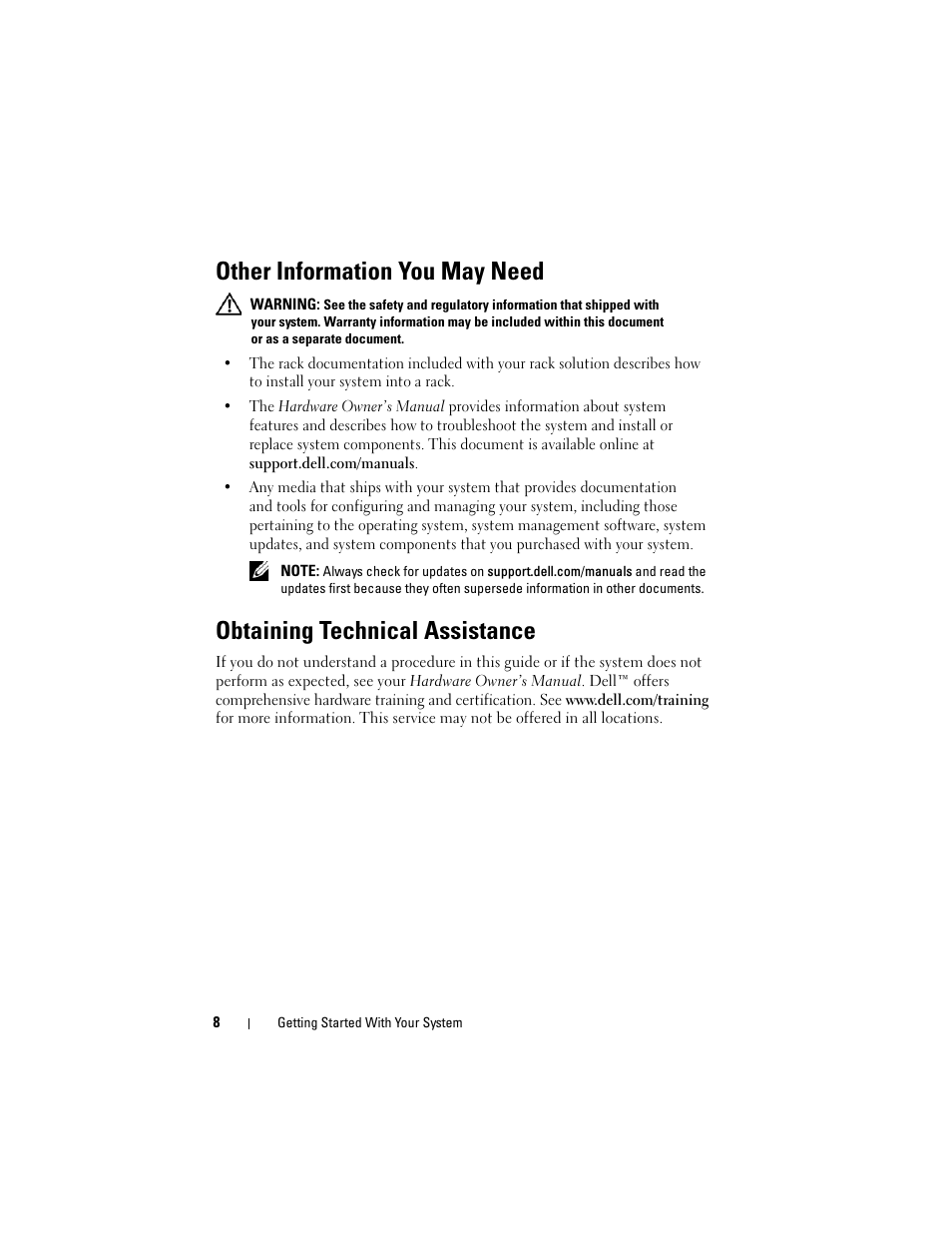 Other information you may need, Obtaining technical assistance | Dell PowerEdge R310 User Manual | Page 10 / 132