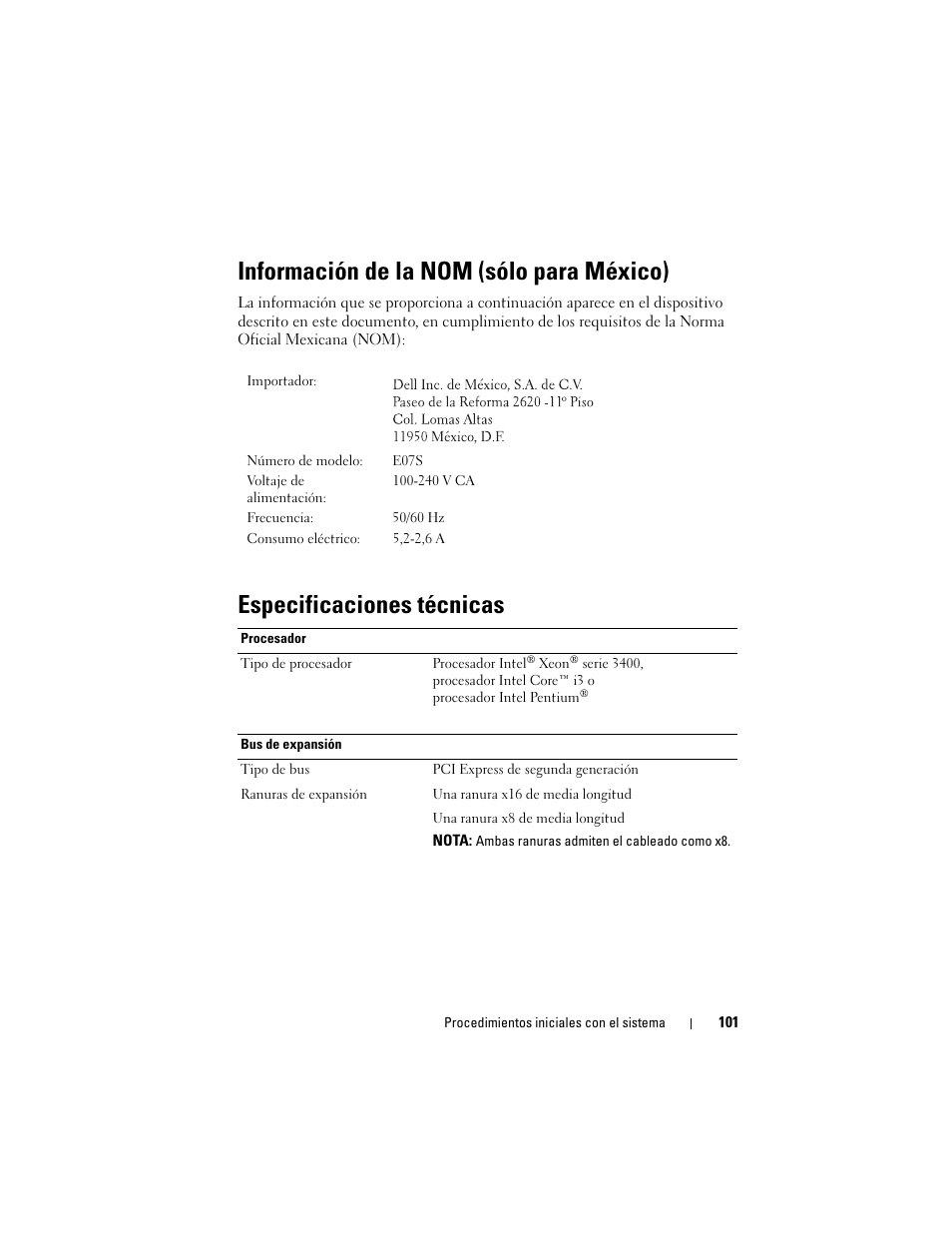 Información de la nom (sólo para méxico), Especificaciones técnicas | Dell PowerEdge R310 User Manual | Page 103 / 132