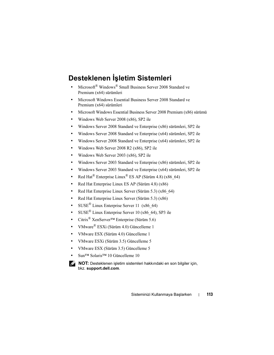 Desteklenen işletim sistemleri | Dell PowerEdge R310 User Manual | Page 115 / 132